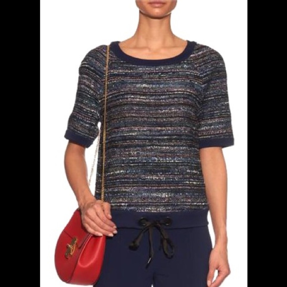 DVF Adela Navy Tweed Tie Sweatshirt Top Size M